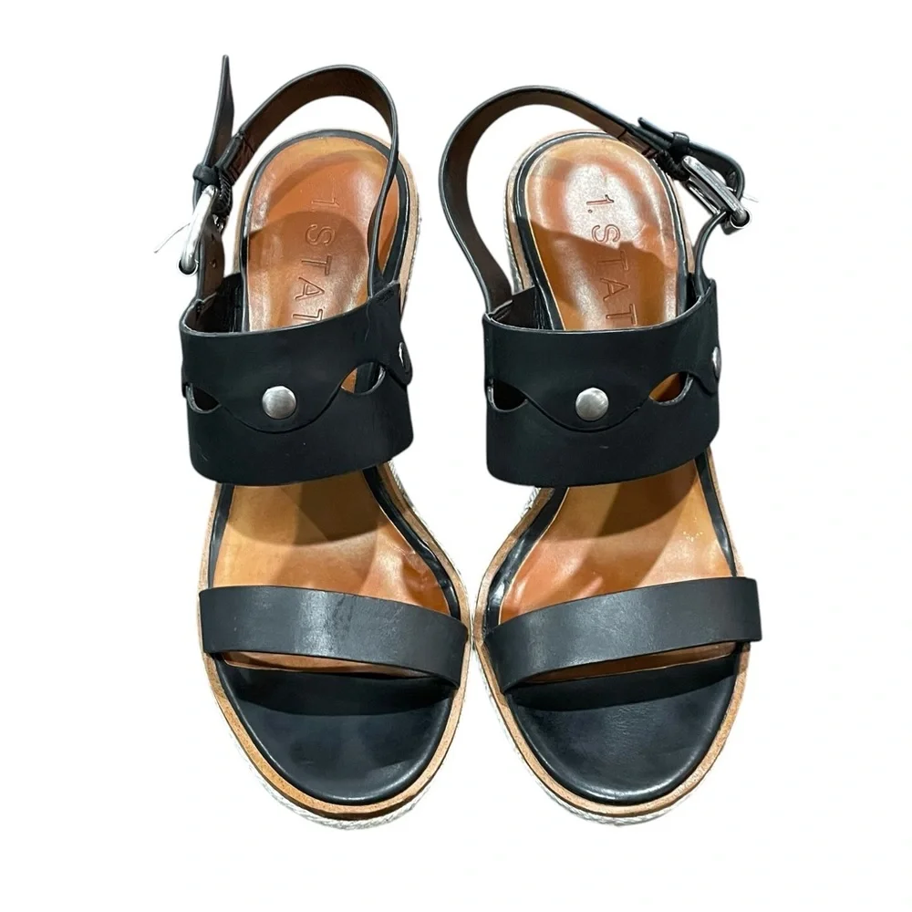 1.STATE Gizela Black Leather Wedge Sandals 7 Platform Studded Boho Heels